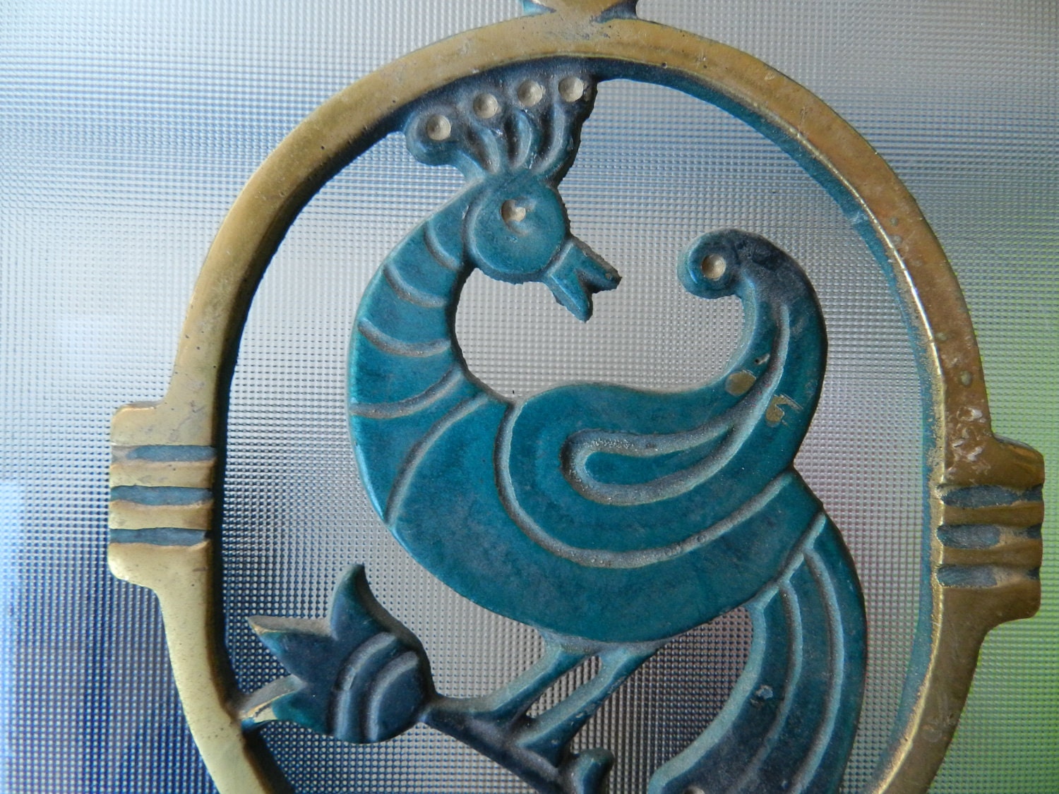 Mid Century Peacock Wall Hook Plaque Dayagi Israel Made of Brass and Baked Enamel