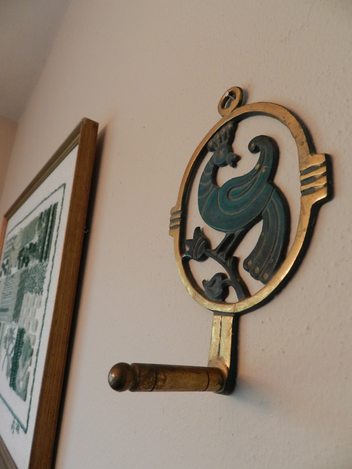 Mid Century Peacock Wall Hook Plaque Dayagi Israel Made of Brass and Baked Enamel