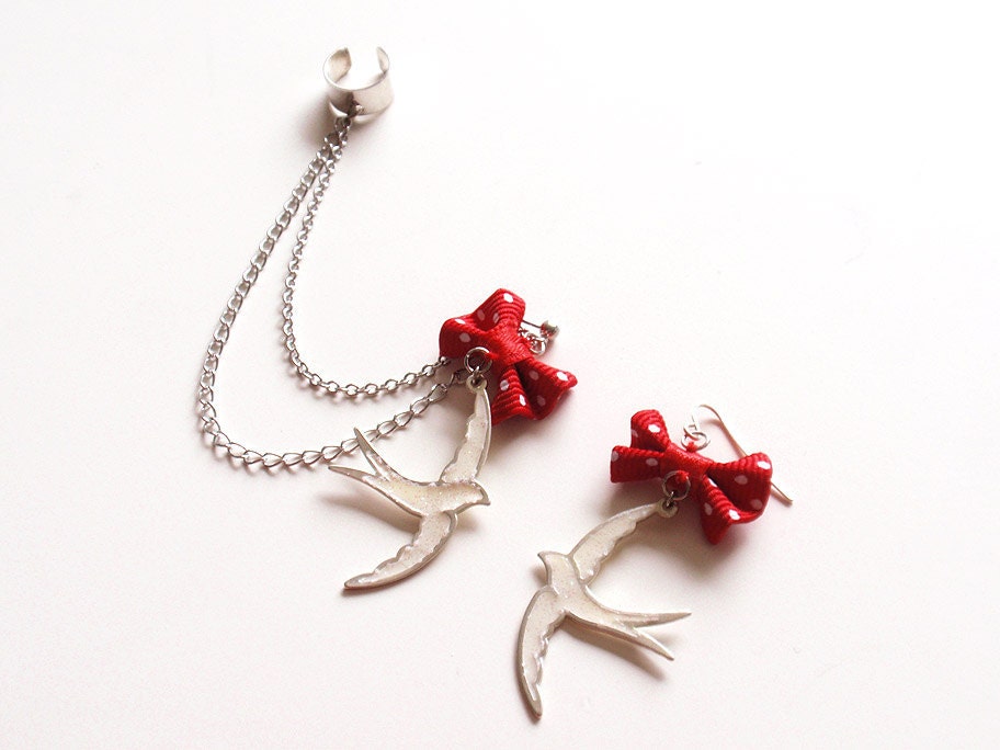 Bird and Bow Cuff Earrings (Pair)