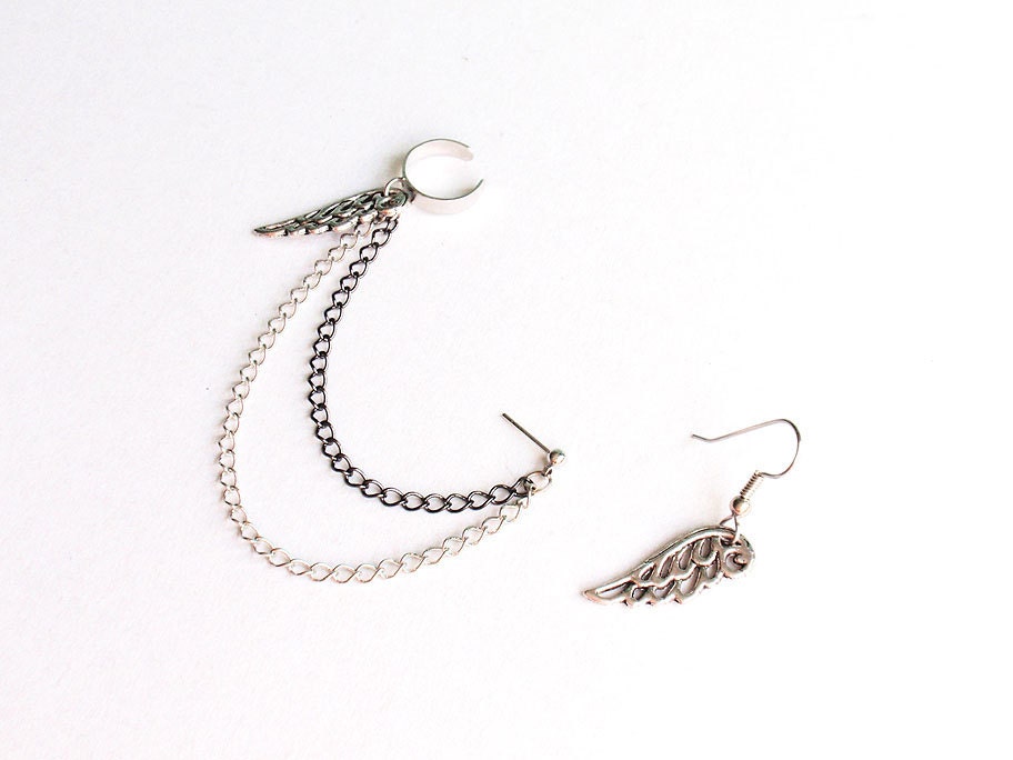 Silver Angel Wing Double Chain Ear Cuff (Pair)