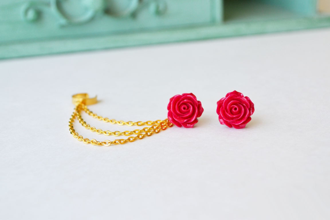 Crimson Rose Bloom Triple Gold Chain Ear Cuff (Pair)