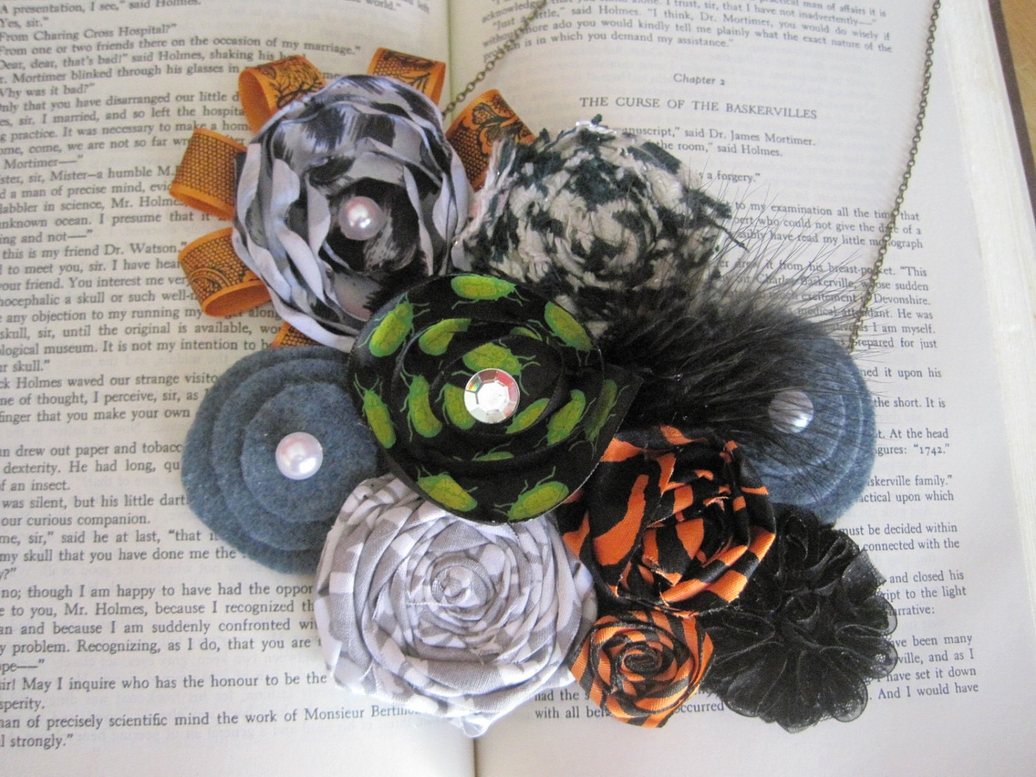 Halloween Necklace, Bib Necklace - Halloween Fabric Flower Spooky Yet Elegant Bouquet Bib Necklace, Original OOAK Handmade
