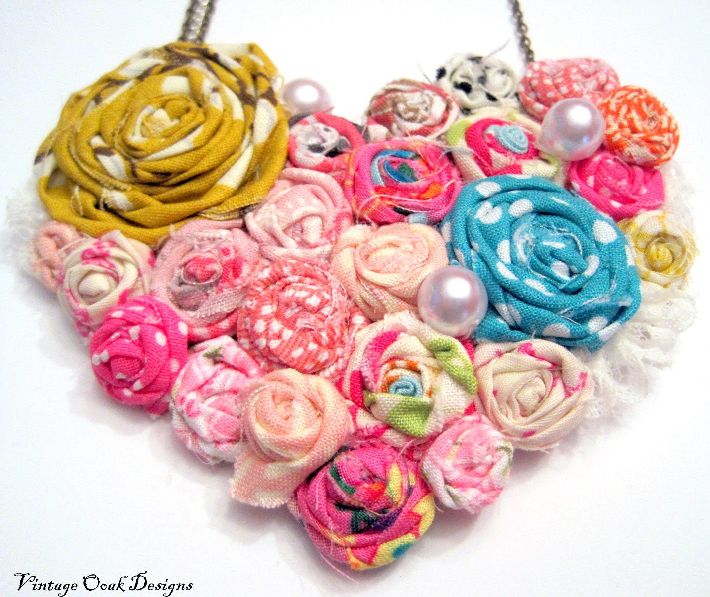 Valentines Flower Heart Necklace - Colorful Bouquet of Flowers Carried by Two Song Birds, OrginalOOAK Handmade