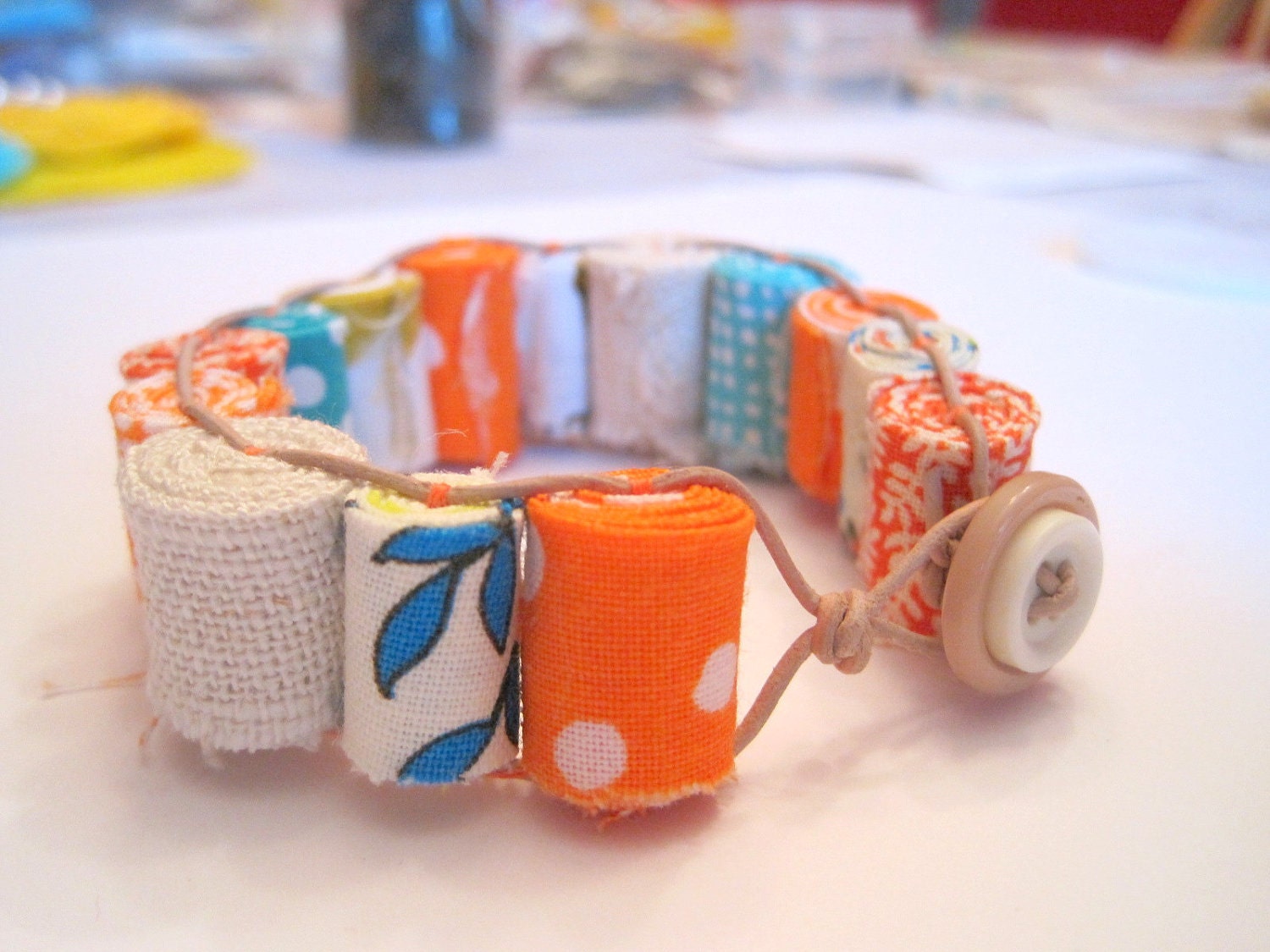 Tangerine Textiles Bracelet, Fiber Beads Wrap Bracelet , Tangerine Orange, Turquoise & Cream Colors, Gift under 25, Fiber Beads