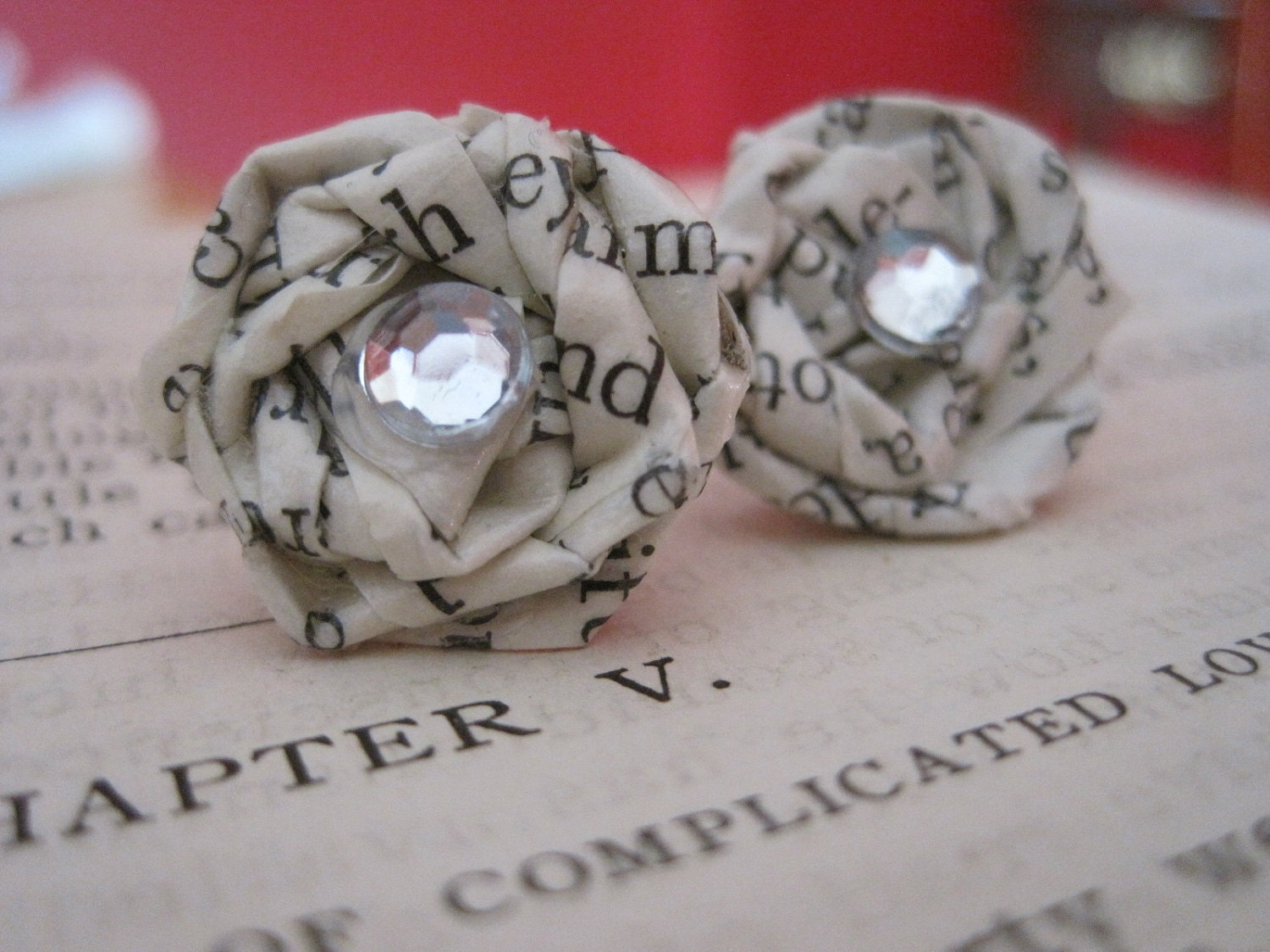 Ch.5  Vintage Paper Earrings --- Discover the Fairytale, Vintage Paper Rosebud Earrings, OriginalOOAK Design, Handmade