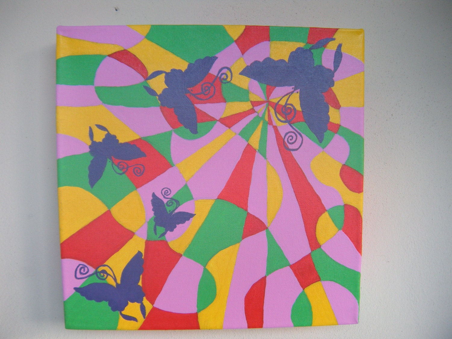 Abstract Multi-Color Painting in Acrylic with Butterfly Silhouette in Purple