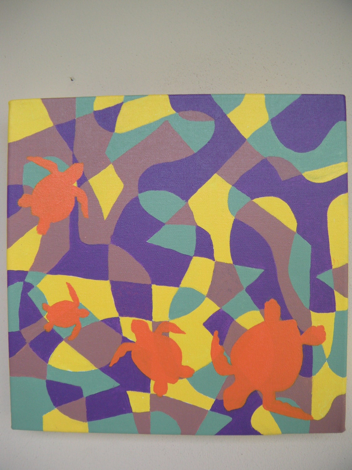 Abstract Multi-Colored Acrylic Painting with Turtle Silhouette in Orange