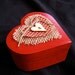 Hand Painted Wooden Heart Shaped Jewelry Box with check pattern fabric, burlap and a wooden button
