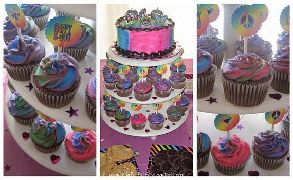 Groovy Neon Doodle Cupcake toppers Favors PARTY CIRCLES Rocker Birthday Girl Printable Personalized PartyTales Il_570xn