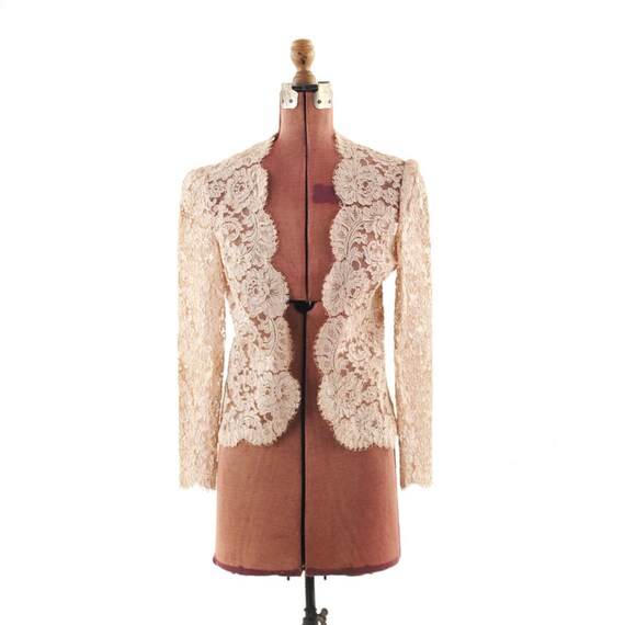 Vintage 1950's Sheer Mesh Floral Romantic Lace Cardigan Blouse S M