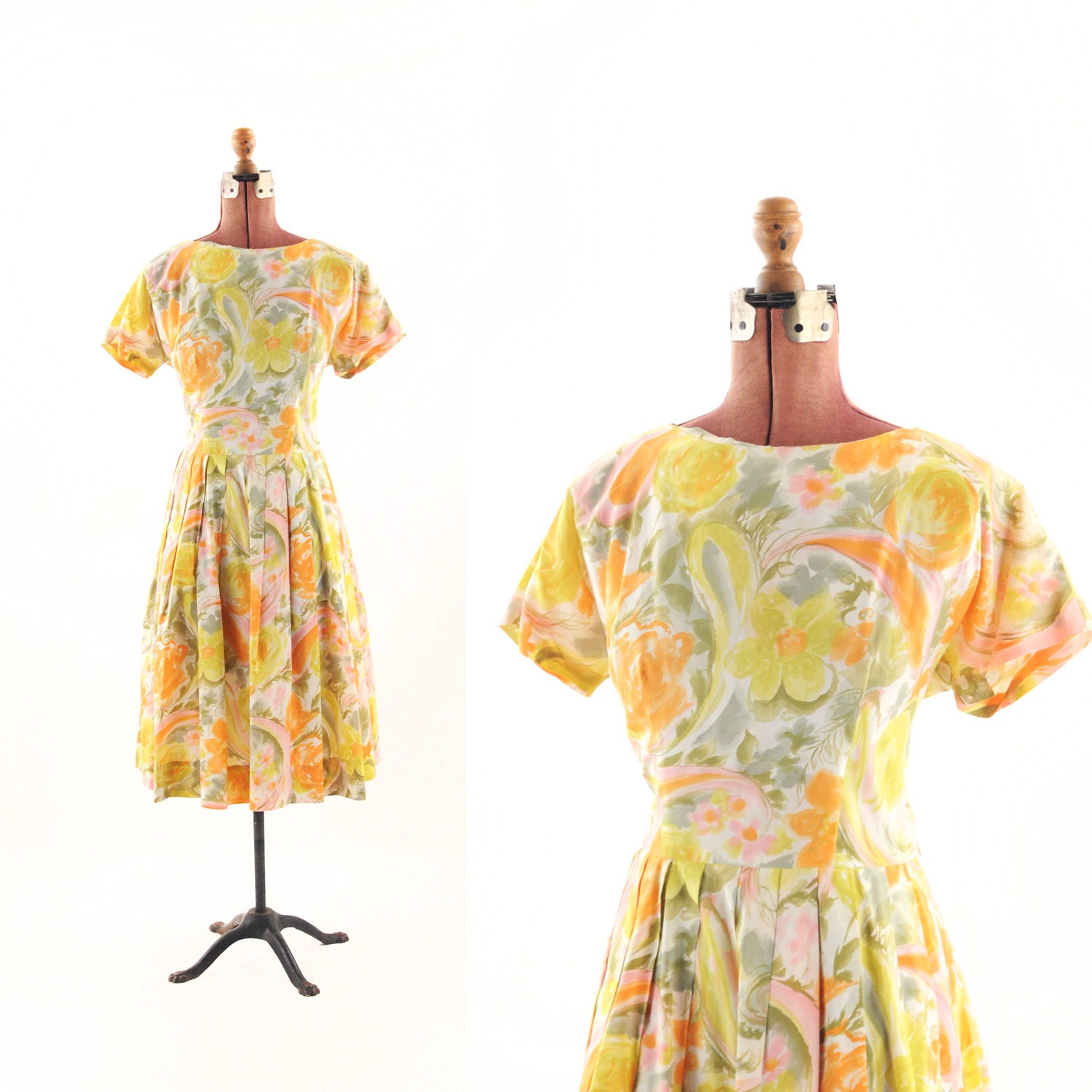 Vintage 1950's Watercolor Spring Flower Floral Pleated Flair Dress XL