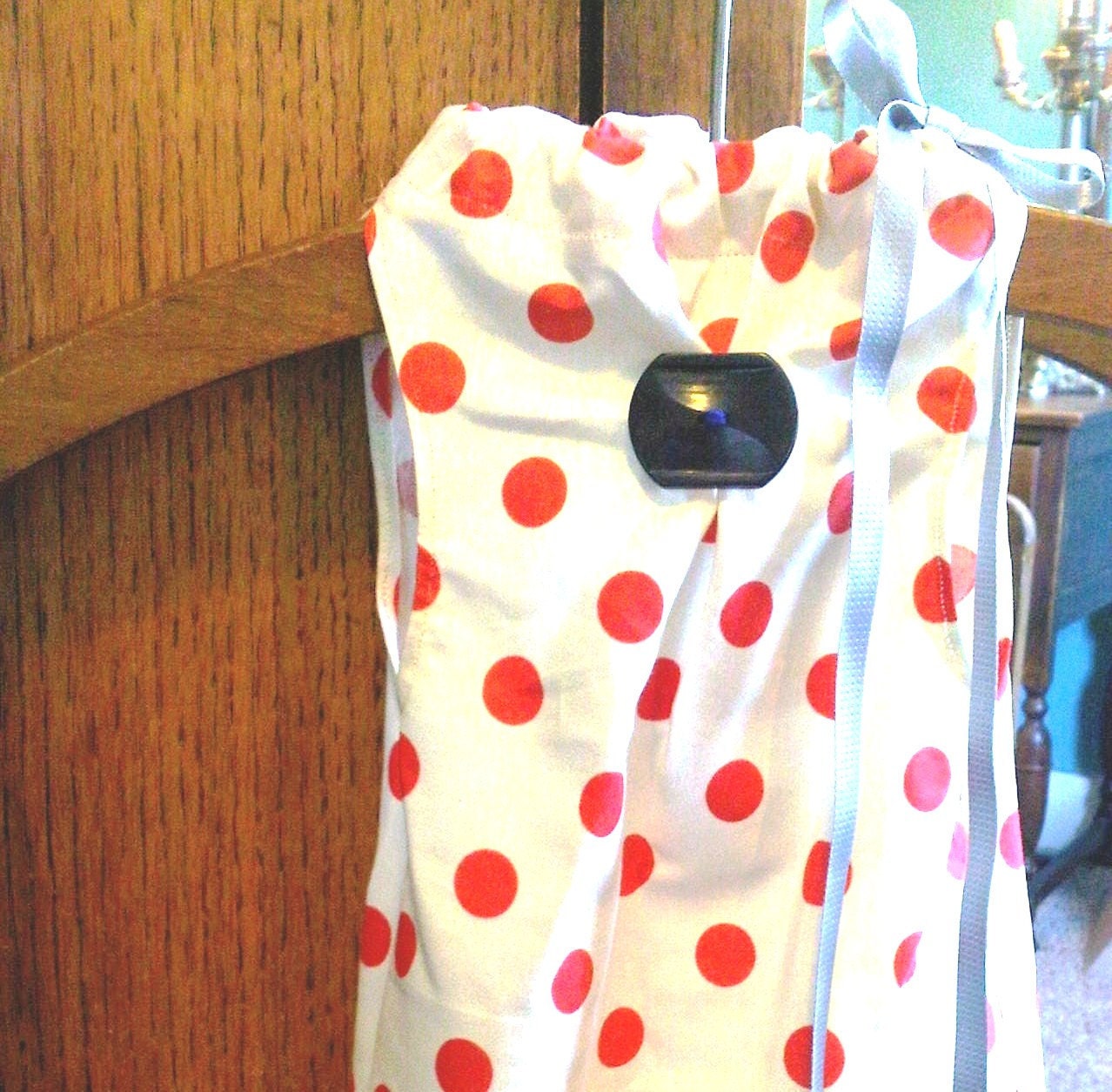 Baby Girl DRESS - Christmas Dress - Polka Dot with Red Velvet Ric Rac and Vintage Navy Blue Button - Grey Ribbon Bow -DOROTHY JANE Line