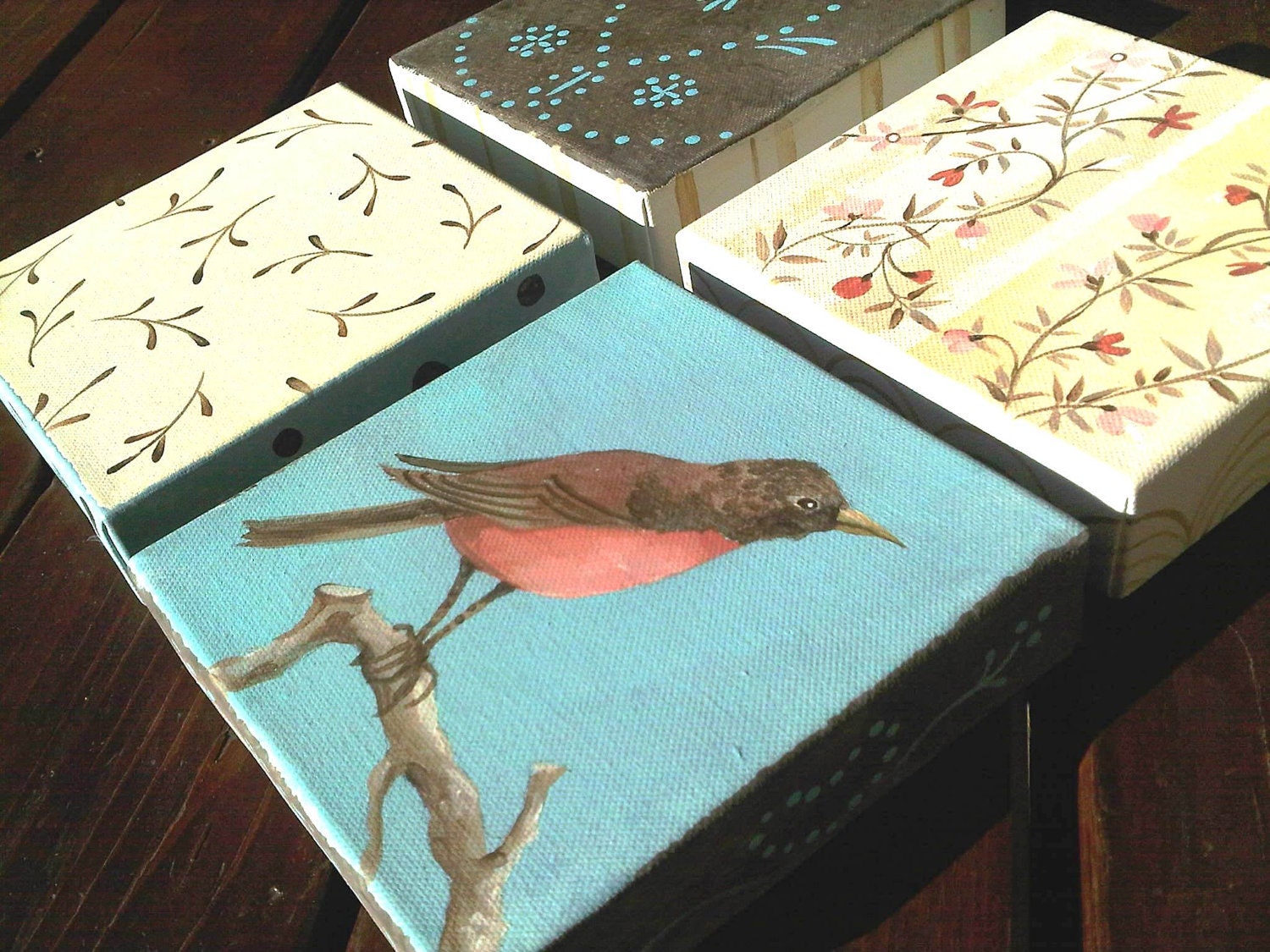 Bird Nursery - Childrens or Baby CANVAS Art - 6x6 4 pc set - Original Hand Painted Acrylic - Robin and Vines - ELSIE LOU  Line By AddieG