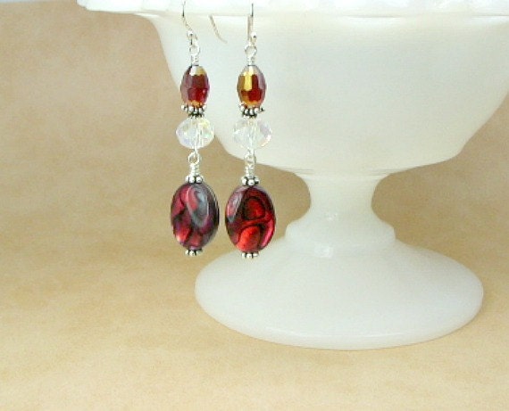 Red dyed abalone earrings , Swarovski crystals, sterling silver earwires .