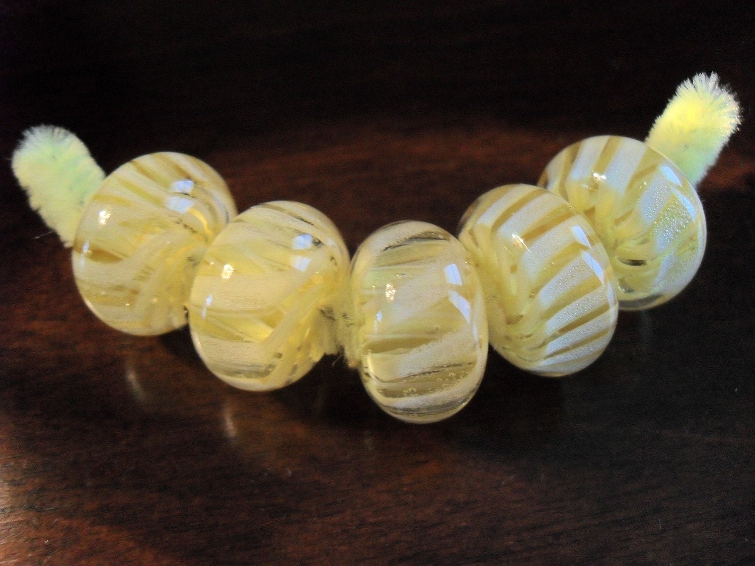 Boro Glass Beads--Bright Yellow, Lt. Yellow & White Striped. Set of Five- ideal for jewelry