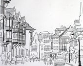 Black and White Art Print Rosemary Beach Street Scene No 1  -  Pen and Ink 5 x 7
