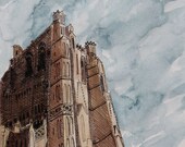 Cathedral France Art Print - Pen and Ink and Watercolor 8 x 10 - matted 11 x 14