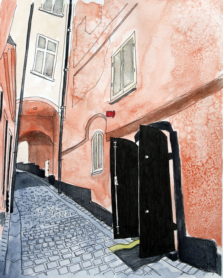Fine Art Print Stockholm Pen and Ink and Watercolor -  8 x 10, 11 x 14 matted