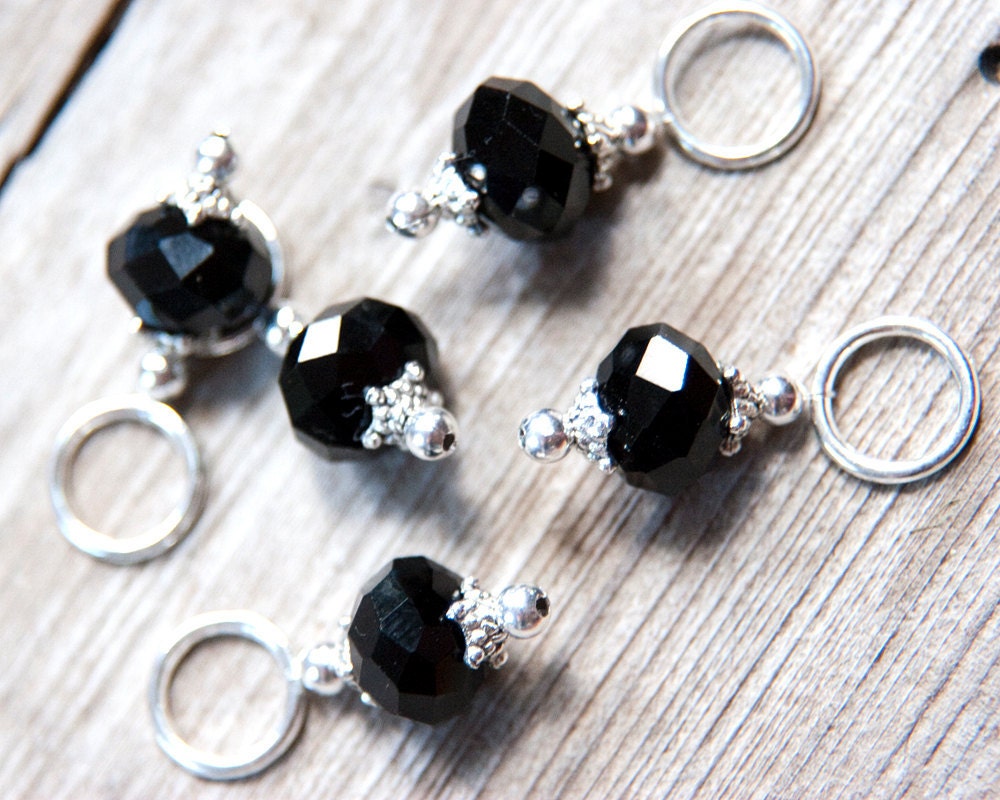 Snag Free Stitch Markers in Jet Black Crystal, Set of 5, Antique Silver Capped