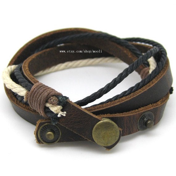 Brown Leather Bracelet Rope Bracelet Cuff With Metal Woven Snapper Adjustable B018