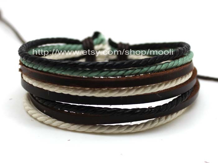 Adjustable Bracelet Cuff Made of Leather and Cotton Ropes Men Women Bangle B522