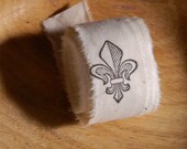 Muslin  cotton hand stamped home spun ribbon - 2 yards, 9 inches - Fleur de Lis