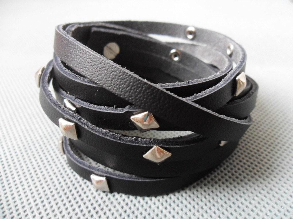jewelry bangle bracelet  women bracelet hand-made black real soft Leather stainless steel rivet  wrist cuff bracelet  1SZ-LH-264