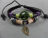 bangle green Anti-war peace peaceful Adjustable Couple bracelets Cuff made of real Leather Ropes and Color Wooden Beads  SH-089