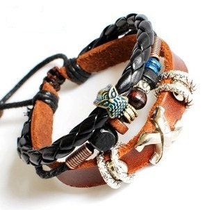 Bangle man bracelet punk rock Bracelet Cuff  real Leather bracelet ,ropes bracelet wood beads metal bracelet  SH-01028224