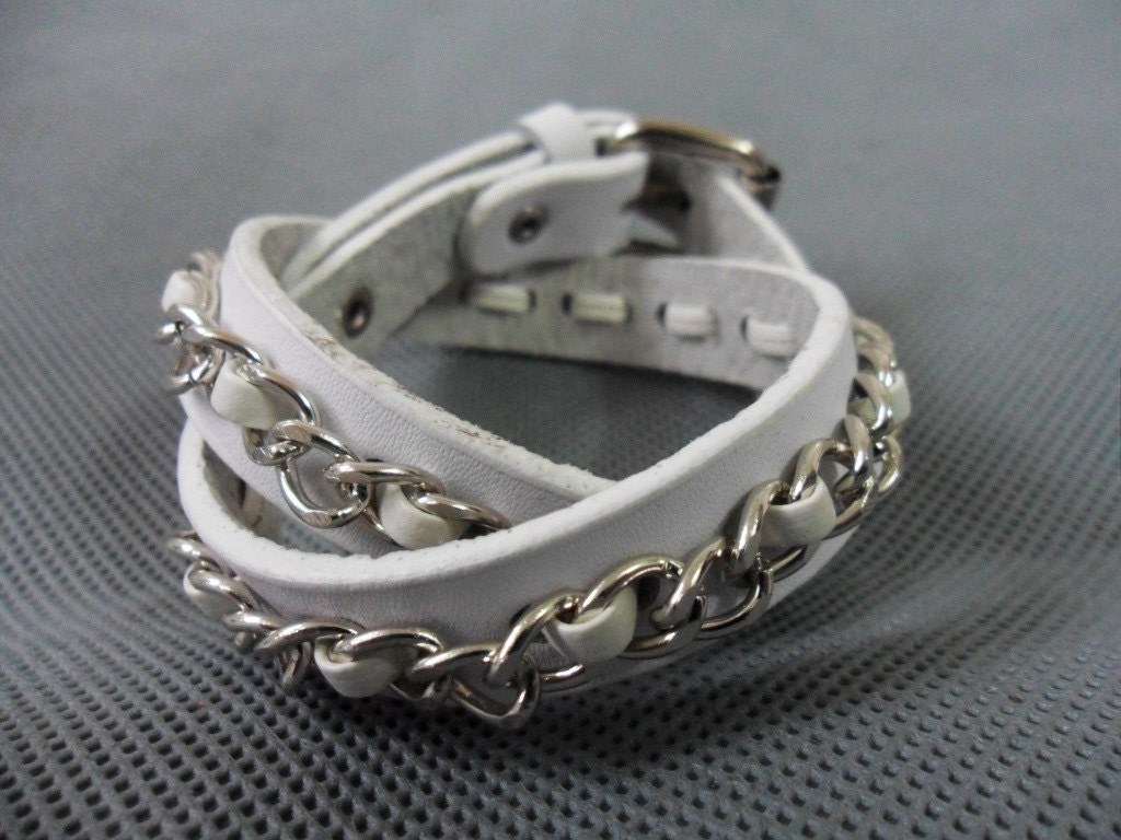 Adjustable hand-made white Leather stainless steel iron chain bracelet 1SZ-LH-227
