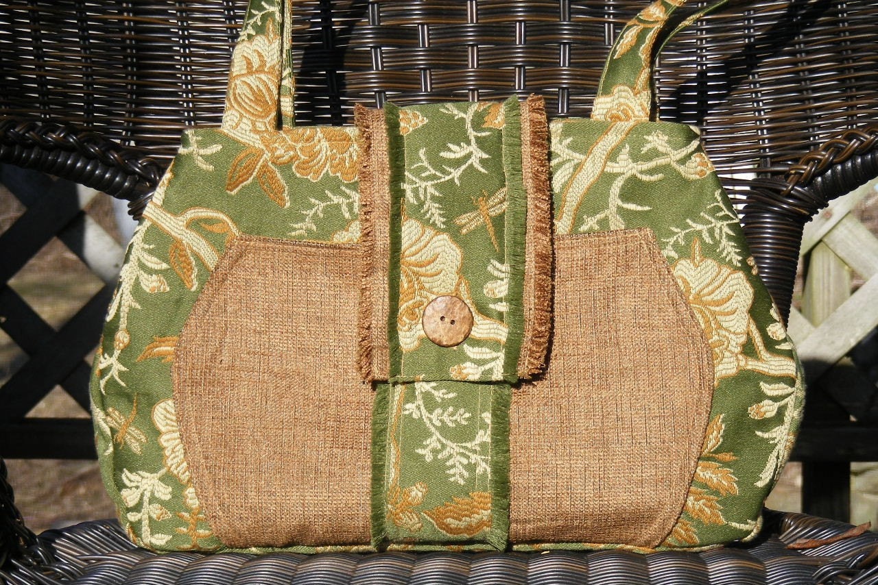 1940s Hand Bag Purse Shoulder Bag Green Floral Brown with Flap