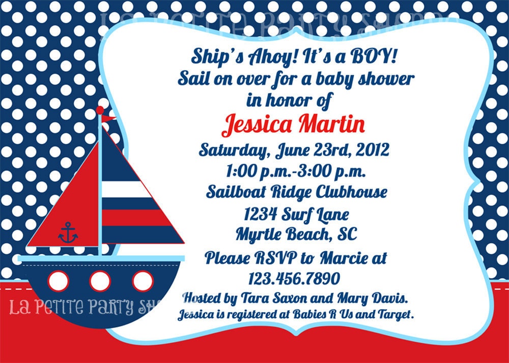 Nautical Printable Little Sailboat  Invitation for Birthday or Baby Shower-Boy- DIY- Print Your Own-Red Navy Blue