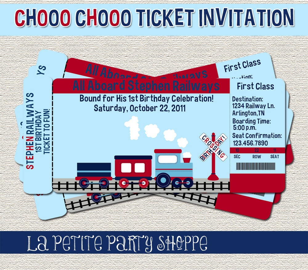 Choo Choo Little Train Ticket-Boarding Pass Invitation-Red and Navy-DIY-Print Your Own