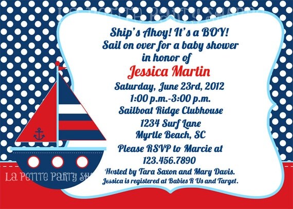 Nautical Printable Little Sailboat Invitation for Birthday or Baby Shower-Boy- DIY- Print Your Own-Red Navy Blue Il_570xn