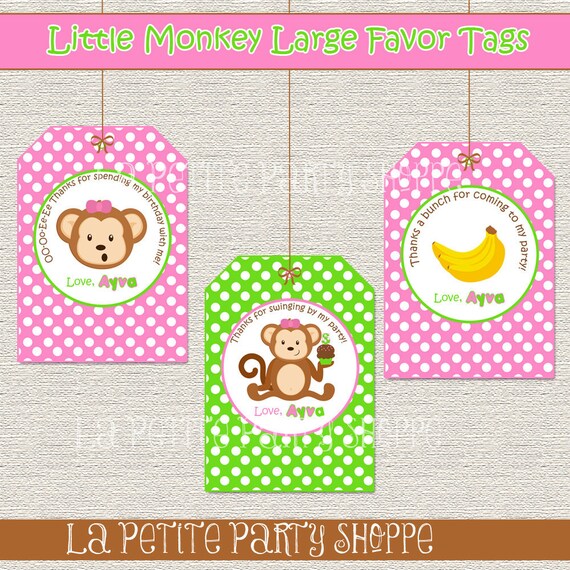 Little Monkey Large Luggage Style Favor Tags-Thank You-Pink Green Brown-Mod Monkey DIY-Print Your Own Il_570xn