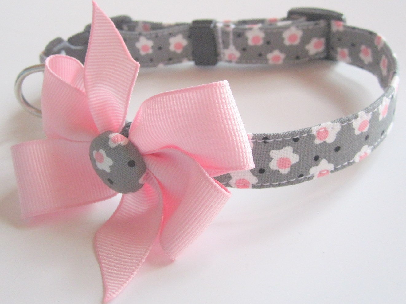 Sweet Baby Grey and Pink Flower Dog Collar size Small