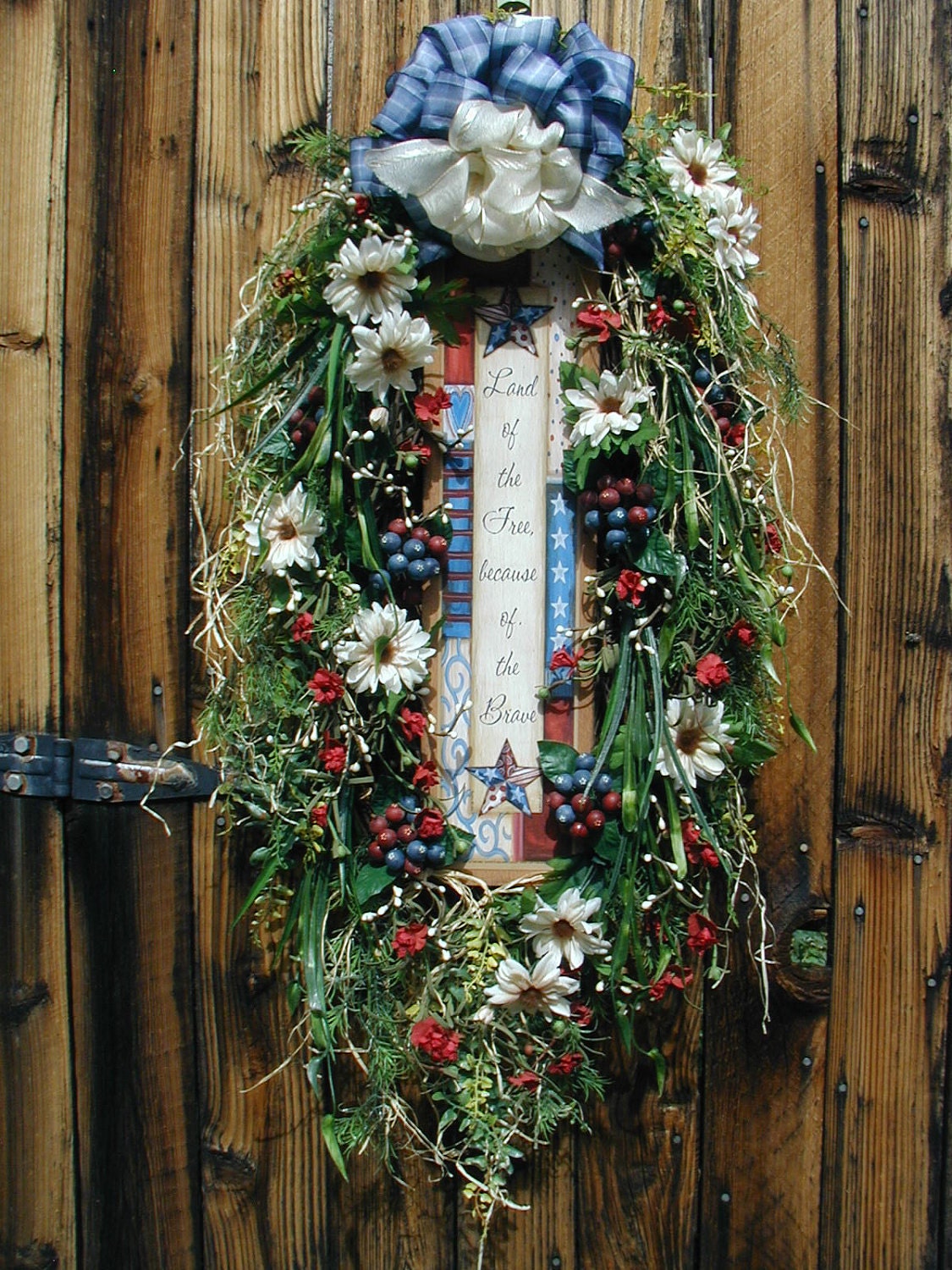 Patriotic Americana USA July 4th Memorial Labor Day All Year Wood Sign Floral Door Red White Blue Arrangement Oval Wreath