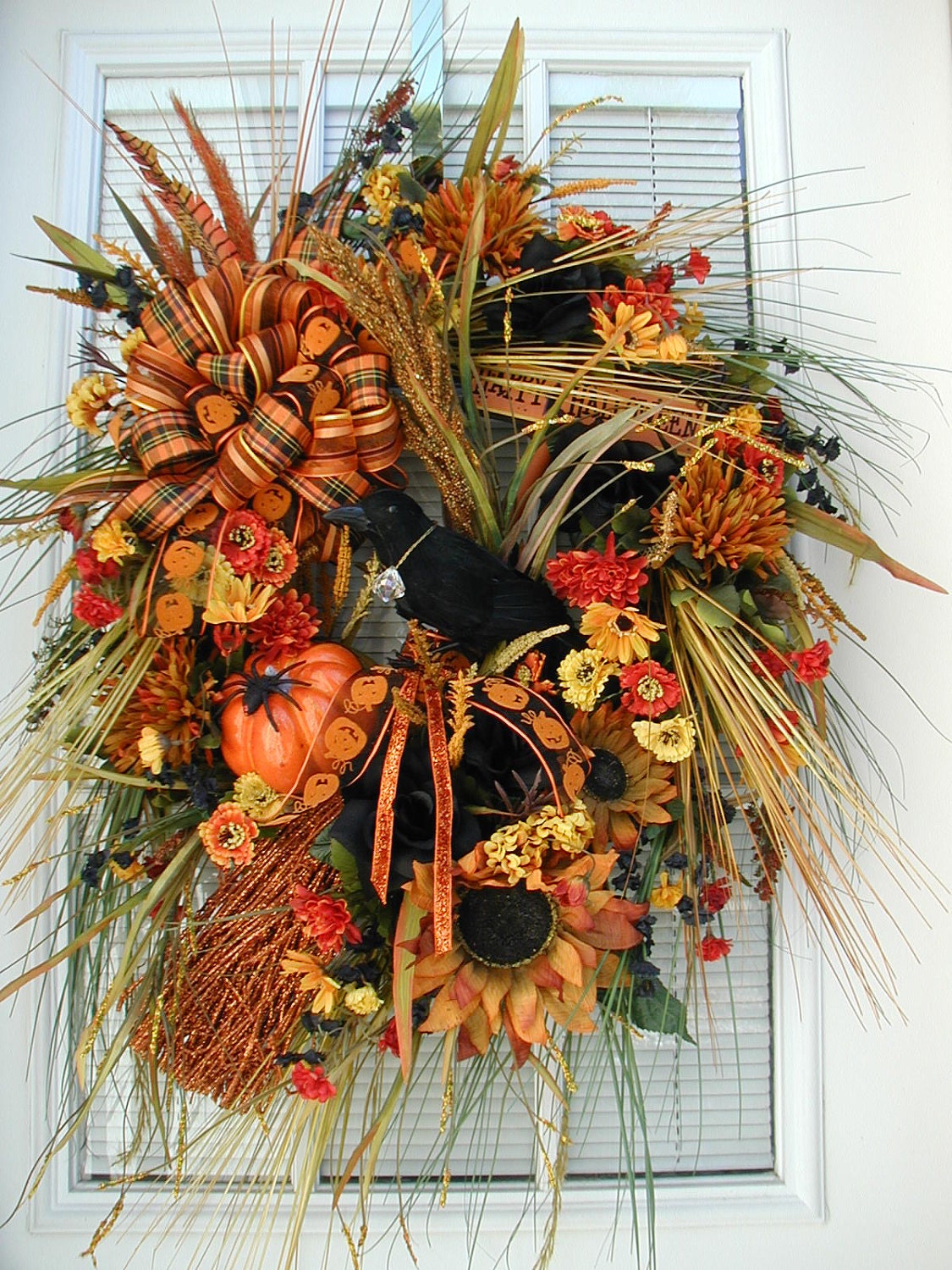 Halloween Fall Decoration Grassy Arrangement Raven Crow Witch Broom Power Stone Crystal Spider Pumpkin Orange Black Sign Door Wreath