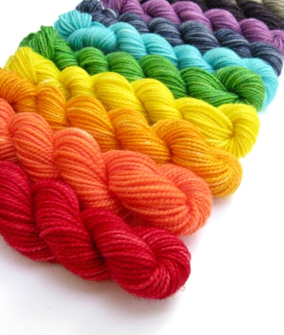 Hand Dyed Yarn - Superwash Merino, 10 Classic Sock Yarn Mini Skeins in Summer Rainbow - Last Set, In Stock.