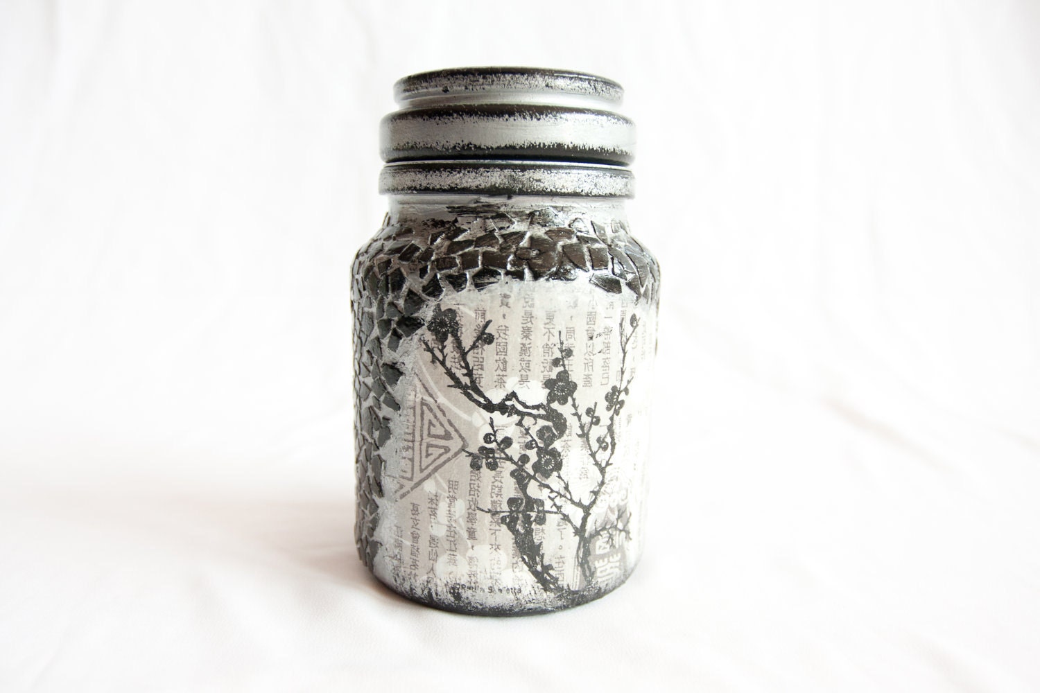 RESERVED for ccbeachglass - Decoupage Jar Painted in Black & Silver, Perfect Detail for Home Decor.