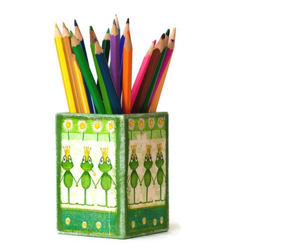 Decoupage Pencil Holder Desk Accessory green & yellow Kids, tbteam