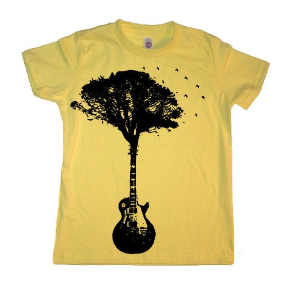 Kids Guitar Tree Life Science Boy T Shirt - Lemon - American Apparel Childrens Tshirt - Sizes 2 4 6 8 10 and 12 (12 Color Options)