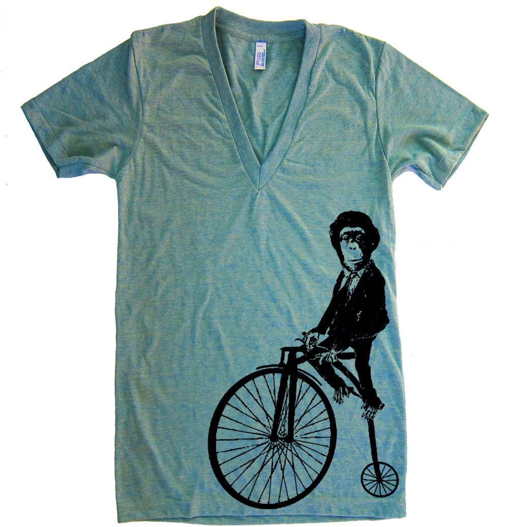 Unisex Monkey Riding Bike Deep V Neck T Shirt - American Apparel Vneck Tshirt - XS S M L (15 Color Options)