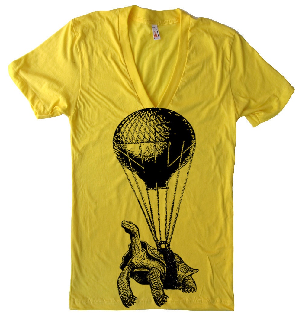 Mens Unisex Flying Turtle Deep V Neck T Shirt - American Apparel Vneck Tshirt - XS S M L XL (15 Color Options)