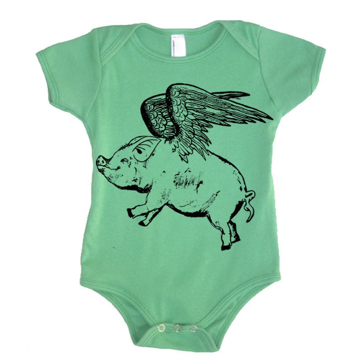 Baby Flying PIG Onesie Girl Bodysuit - American Apparel - 3-6m, 6-12m, 12-18m, 18-24m, (7 Color Options)