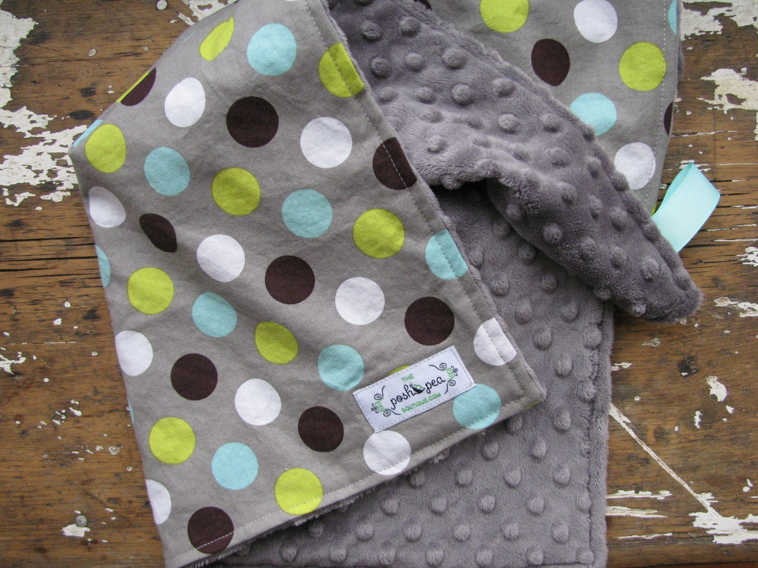 Boy - Minky Baby Blanket - Splendid Dots in Grey, Aqua, Brown & Lime - Retro