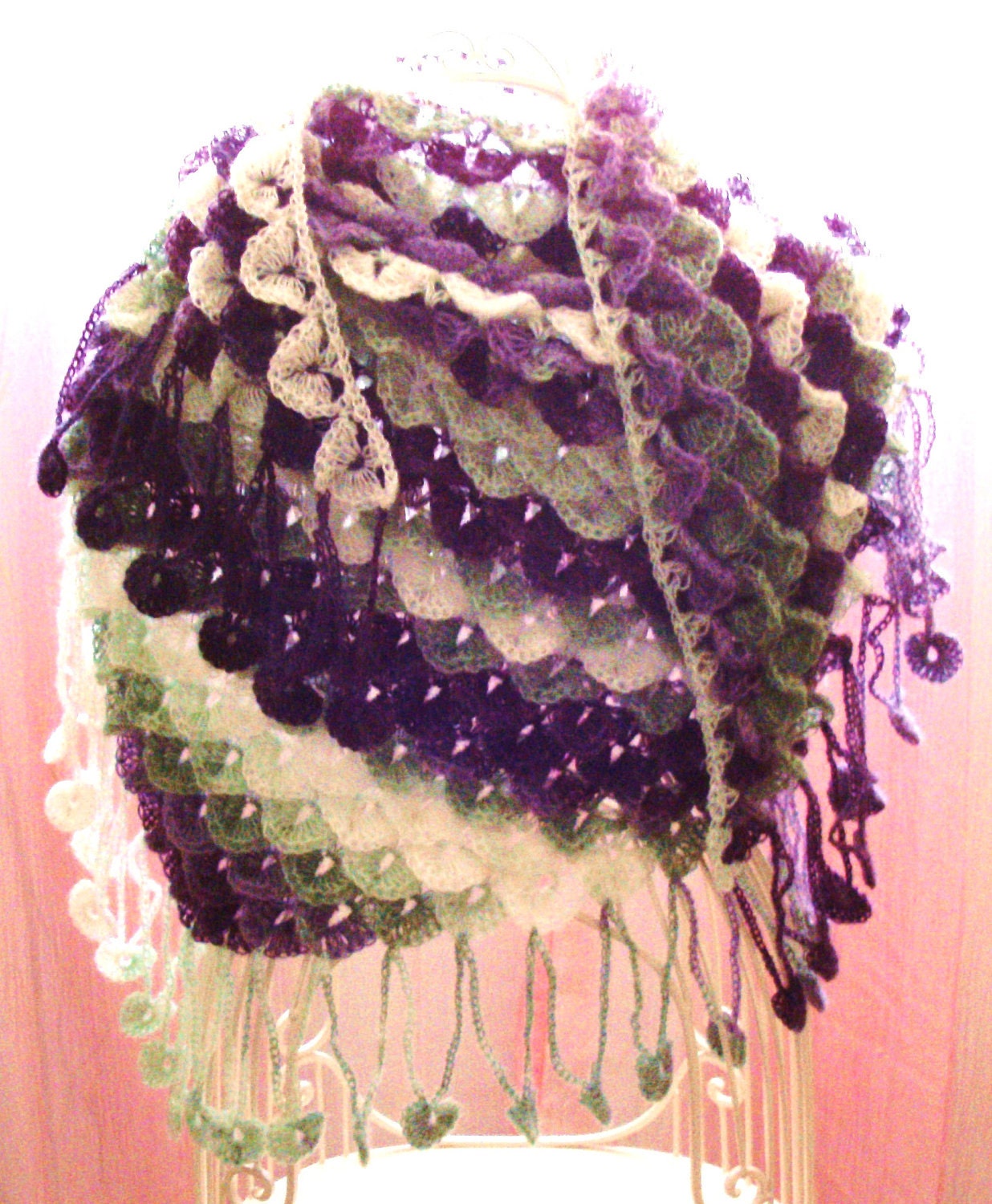 Crochet Crocodile Stitch Shawl - Purple, Green and White - Made to Order - Mohair Wrap