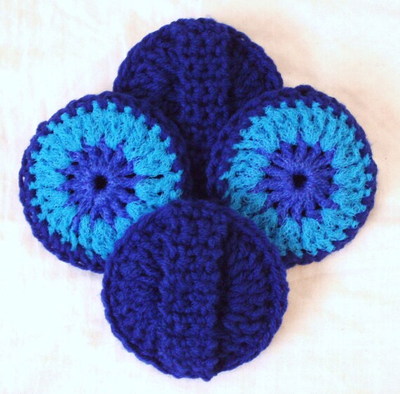 Multipurpose Pot Scrubber -  Set of 4 - Bright Blue and Cobalt Blue Reversible Nylon Pot Scrubbies With Handle