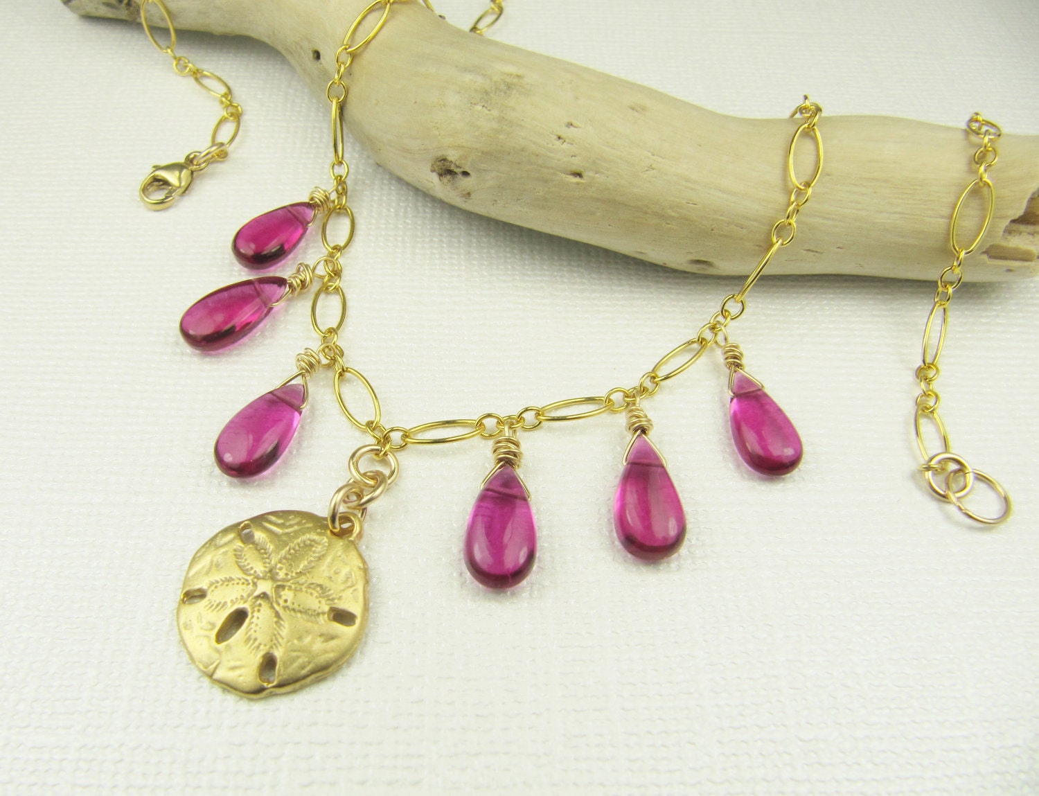 Fuschia Quartz Necklace, Sand Dollar Necklace, Gemstone Necklace, Gold Necklace, Briolette Necklace, Dangle Necklace, Drop Necklace
