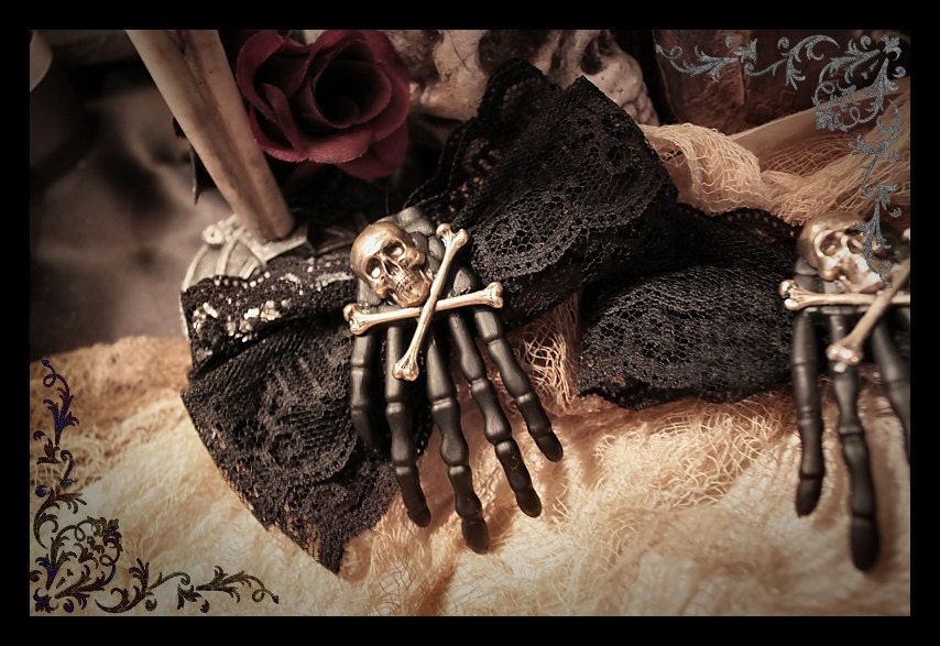 Gothic Hair Clip Bow Lolita Skull Crossbones Skelly Hand Brooch Clip